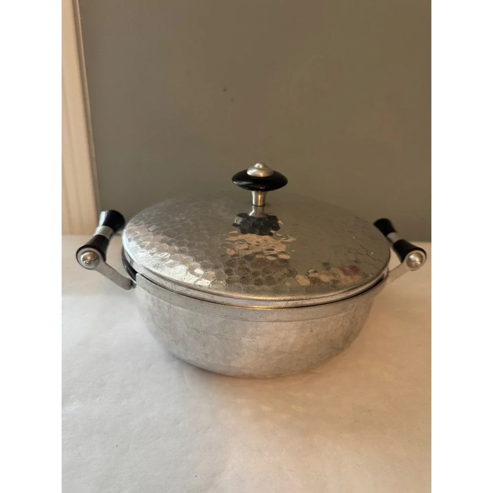 Hammered Aluminum Serving Dish‎ Covered Casserole Spain Black Handles MCM
